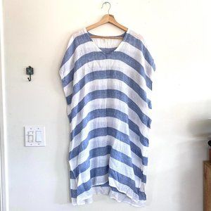 EILEEN FISHER BLUE WHITE STRIPED COVER UP MAXI DRESS NAUTICAL SUMMER BEACH FLOWY